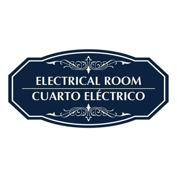 Signs ByLITA Victorian Electrical Room- Cuarto Eléctrico Bilingual Sign (Navy Blue / White) - Large