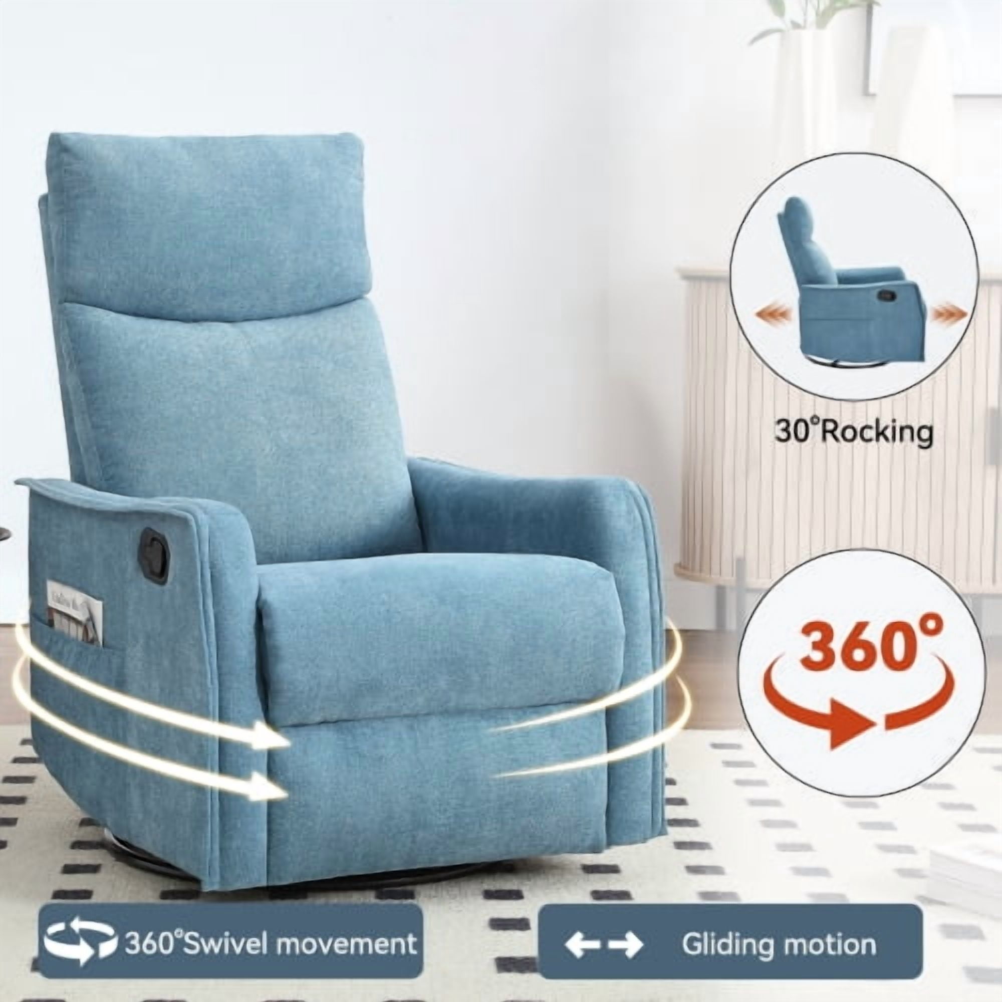 Leumius Recliner Chair with Massage and Heat,360° Manual Swivel Rocker Chair for Adults,Upholstered Fabric Glider Recliner Nursery Chair with Side Pockets for Living Room,Blue