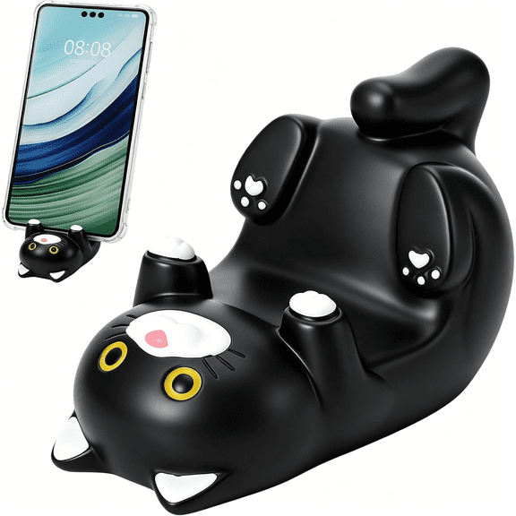 GJX Cat Phone Stand and Eyeglass Holder, Cute Desk Accessories Resin Decorative Organizer, Sturdy Mobile Phone Holder Gift for Cat Lovers, Home & Office Decor 1.7 X 3.2 X 2.0 in (Black)
