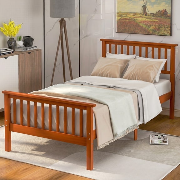 Platform Bed with Headboard & Footboard in Oak (Solid Pine Construction)