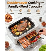 Smokeless Indoor Grill with Removable Pan, Auto Skewers, Hot Dog Roller, Dual Zone & Lid