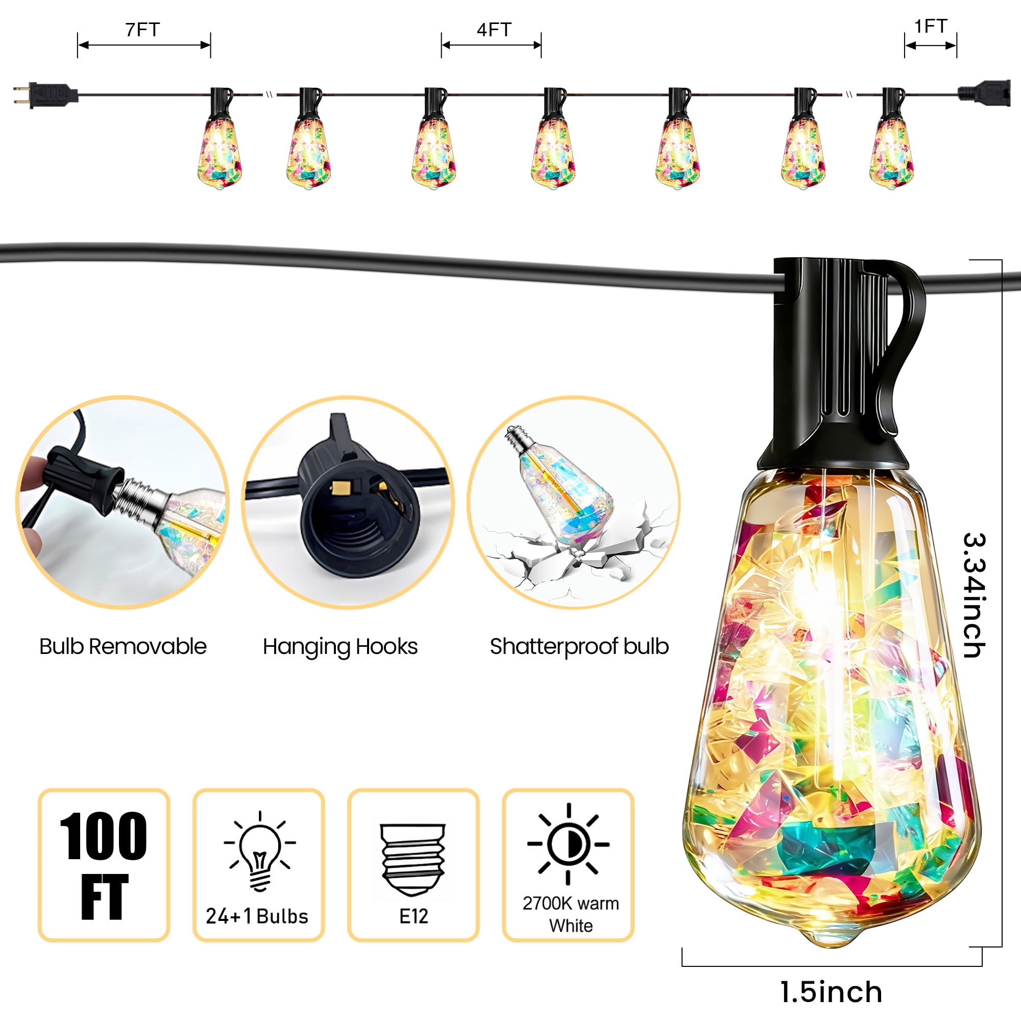 PHOPOLLO 100 ft ST38 Outdoor String Lights with 24+1 Shatterproof LED Bulbs (E12 Base), Waterproof Hanging Vintage Edison Lights for Patio, Garden, Christmas Decor