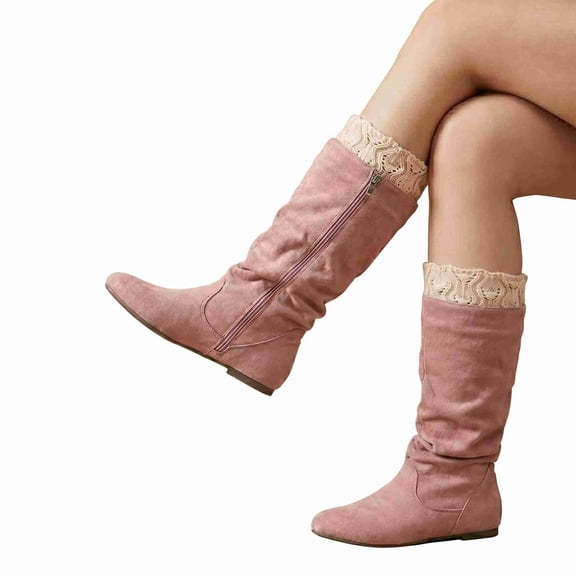 Women's Slouchy Faux Suede Boots with Lace or Knit Cuff - Mid-Calf Flat Boots with Side Zipper, Cozy Casual Boots for Fall and Winter