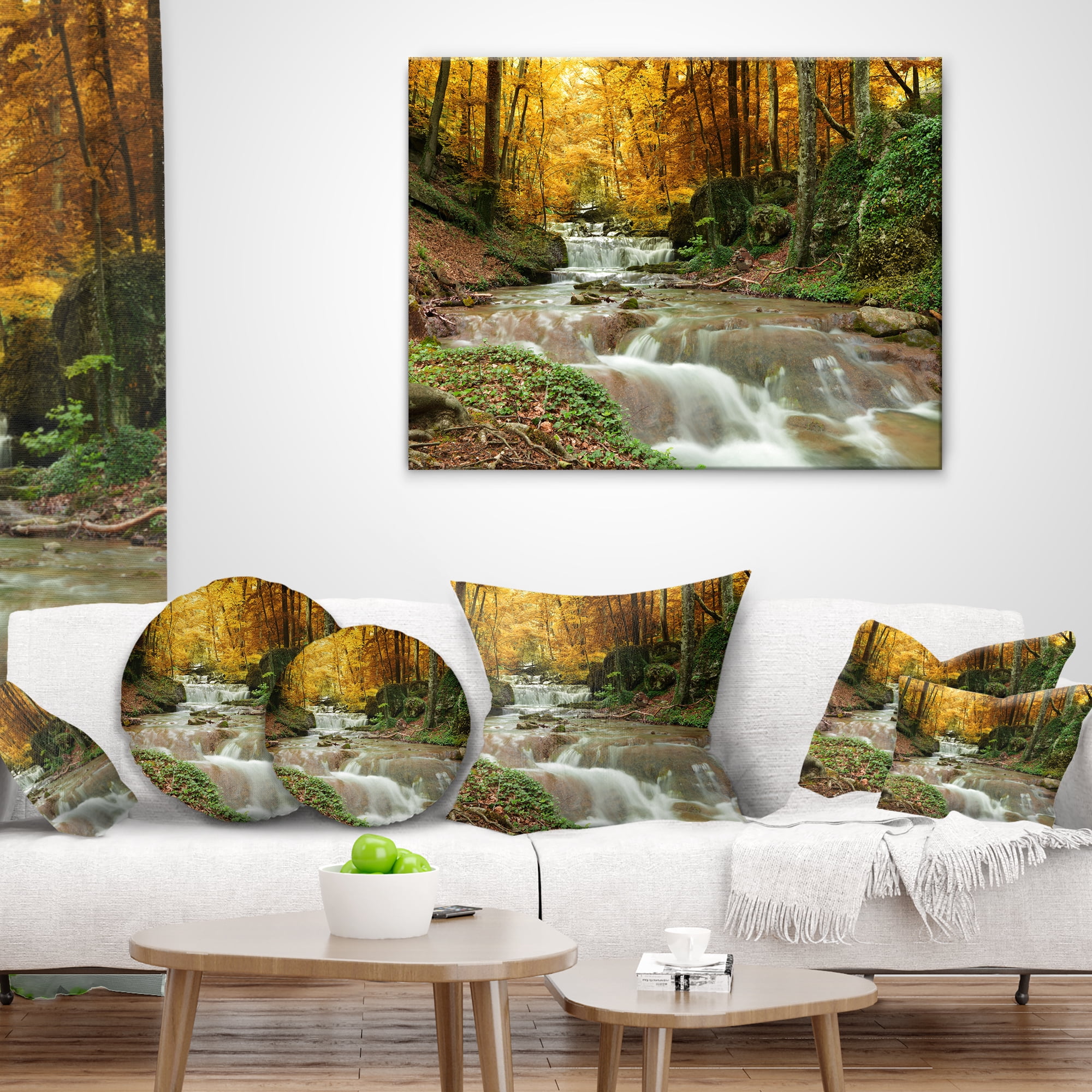 Designart Forest Waterfall with Yellow Trees - Landscape Printed Throw Pillow - 18x18