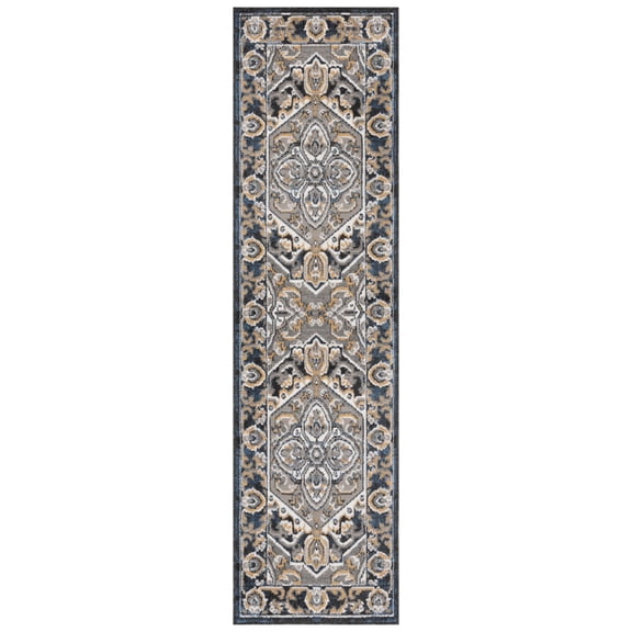 SAFAVIEH Pyramid Gladwyn Medallion Runner Rug, Grey/Navy Gold, 2'2" x 8'