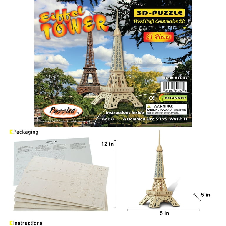 Puzzled 3D Puzzle Eiffel Tower Wood Craft Construction Model Kit Fun Educational DIY Wooden Toy Assemble Model Unfinished Crafting Hobby Puzzle