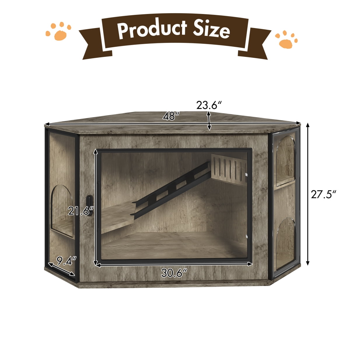 LuckyNote 48" Corner Cat Litter Box Enclosure, Modern Hidden Litter Cabinet with Acrylic Door & LED Light, Cat House with Playground Stairs
