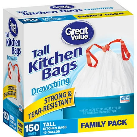 Great Value Drawstring Tall Kitchen Bags, 13 Gallon, 150 ct