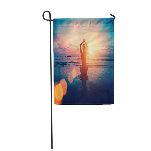 POGLIP Zen Silhouette Young Woman Practicing Yoga Beach at Sunset Garden Flag Decorative Flag House Banner 28x40 inch