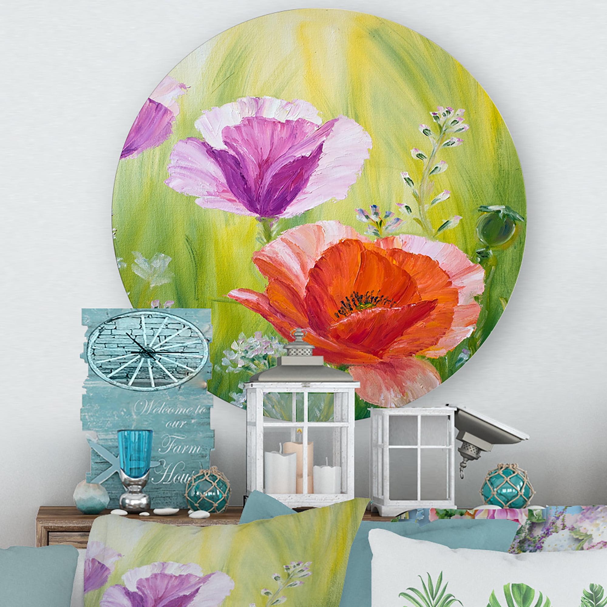 Designart 'Poppies In The Morning In Wild Green' Traditional Circle Metal Wall Art 23x23 - Disc of 23