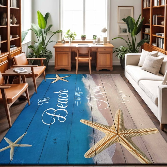 Area Rugs 4'x6'. Coastal Starfish Carpet Runner Indoor Outdoor Rugs Home Decor Aesthetic, Beach Ocean Nautical Wooden Grain Non Slip Mats Washable Accent Rug for Living Room Bedroom