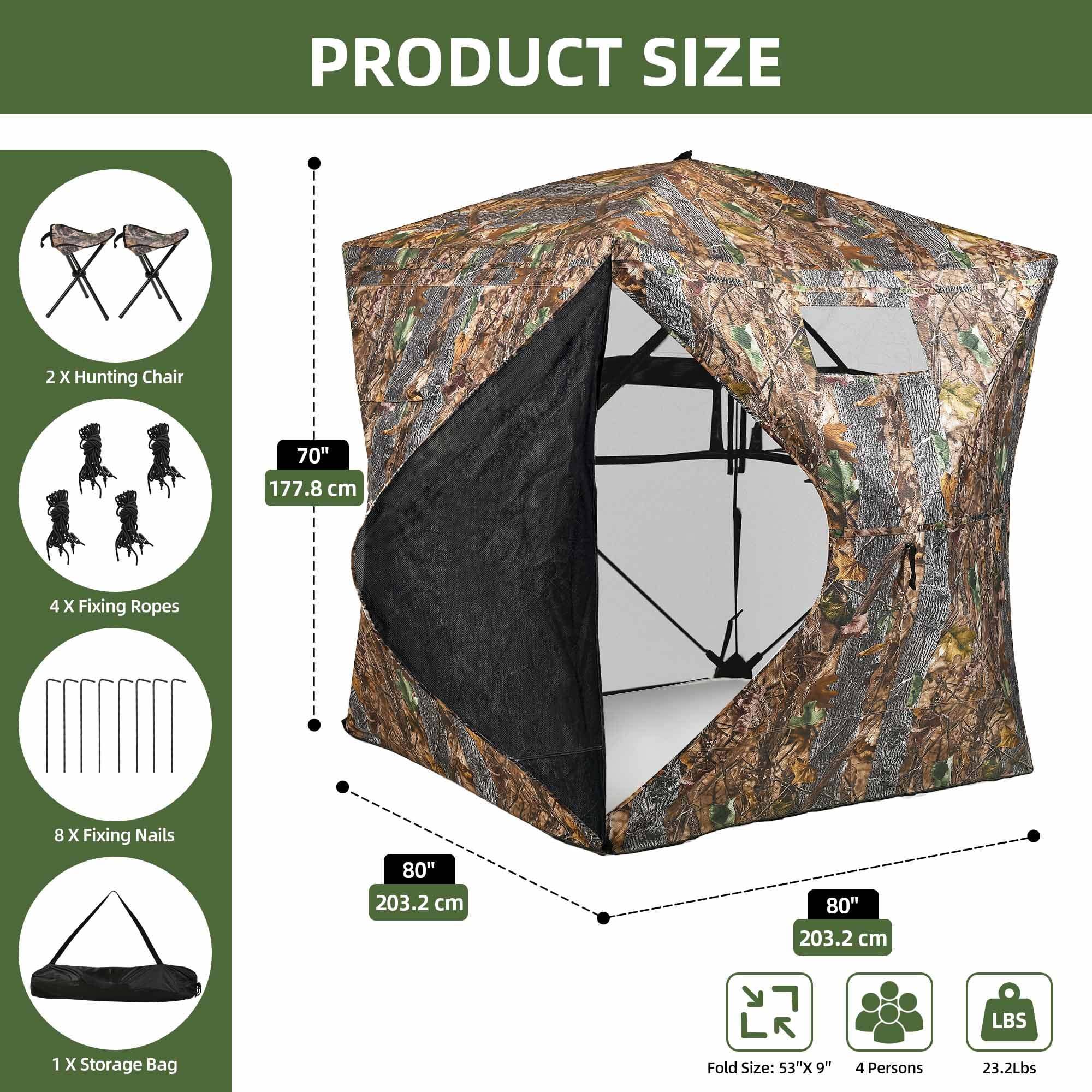 Uforic 360° See Through Ground Hunting Blind for 3-4 Persons, Pop-up Ground Blind With Tri-Leg Chair, Silent Magnetic Zipper Door and Carrying Bag
