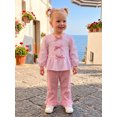 thumbnail image 6 of RUINIXCW Toddler Girls Fall Outfits Front Bow Striped Long Sleeve Shirt and Elastic Flare Pants Set 2 Piece Clothes, 6 of 8