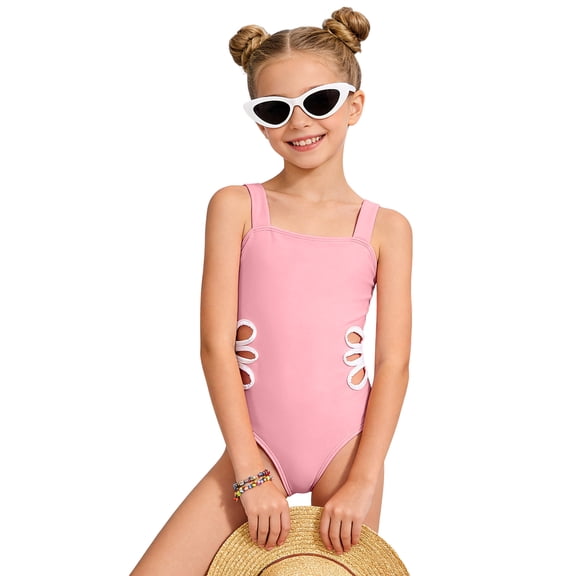 Hessimy Girl Swimsuit One Piece Bathing Suit Swimwear(Pink,8-9 Years)