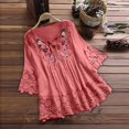 thumbnail image 2 of FINALGANG New Shirt For Women Flower Print O-Neck 3/4 Sleeve Vintage Top Loose Fit Lace Drawstring Shirt Adult Durable Sunsuit Clothes, 2 of 6