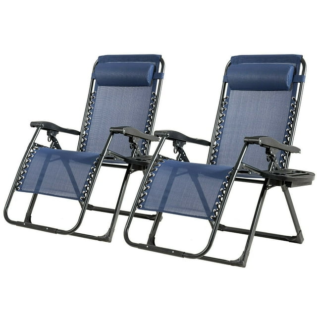 Gymax 2PCS Folding Zero Weighted Lounge Chair Recliner w/ Cup Holder Pillow Blue