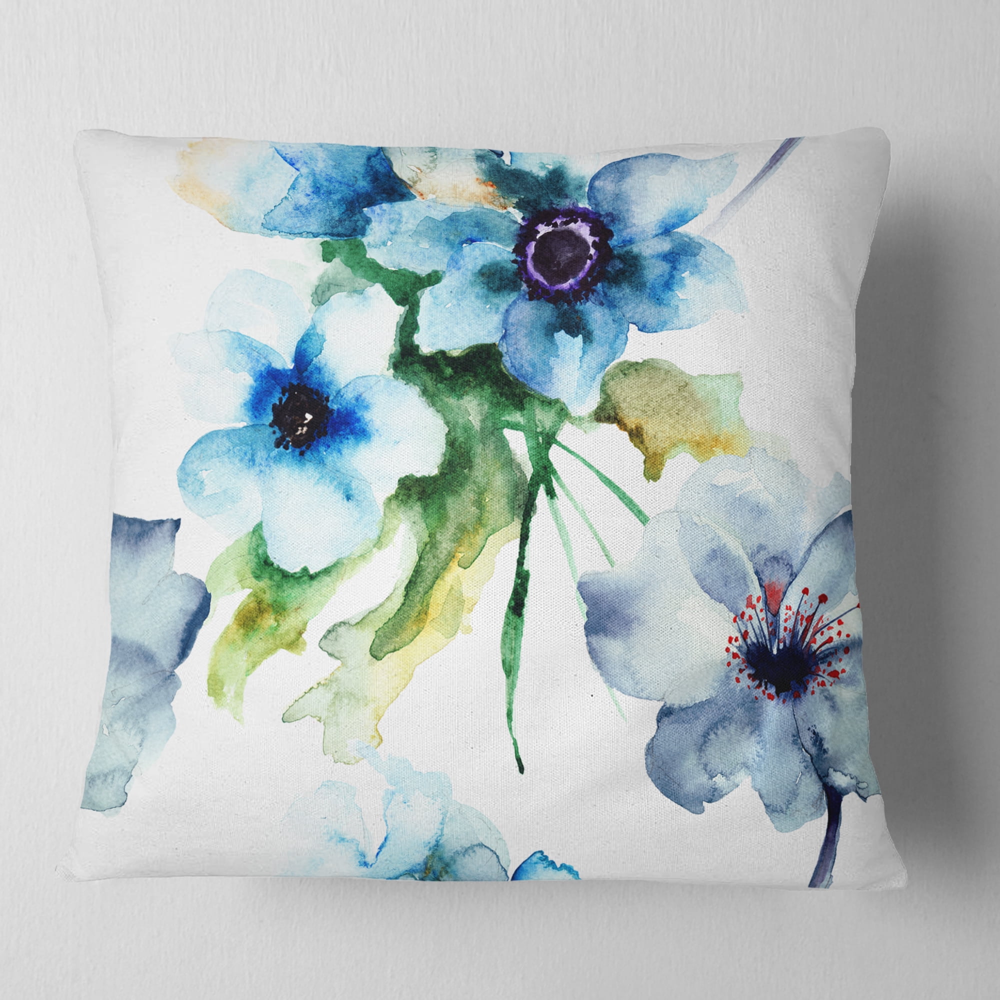 Designart Seamless Summer Blue Flowers - Floral Throw Pillow - 18x18