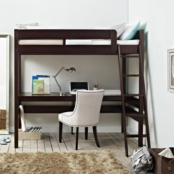 Oak Harlan Twin Size Loft Bed With Desk, Espresso Twin Size Loft Bed