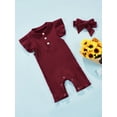 thumbnail image 3 of Chollius Newborn Baby Girl Ruffle Romper Fly Sleeve Ribbed Solid Color Button Decoration One Piece Jumpsuit Bow Headband Summer Outfits, 3 of 8