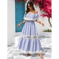 thumbnail image 3 of Blue And White Off-Shoulder Striped Maxi Dress With Lace Trim And Smocked Waist, 3 of 6