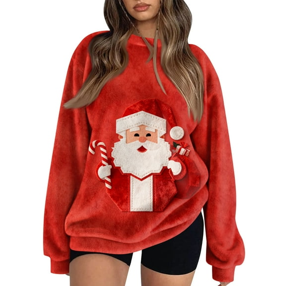 Women's Fleece Hoodie Long-Sleeve Round Neck Casual Comfortable Loose-Fit Lightweight Women's Hoodie with Christmas Print