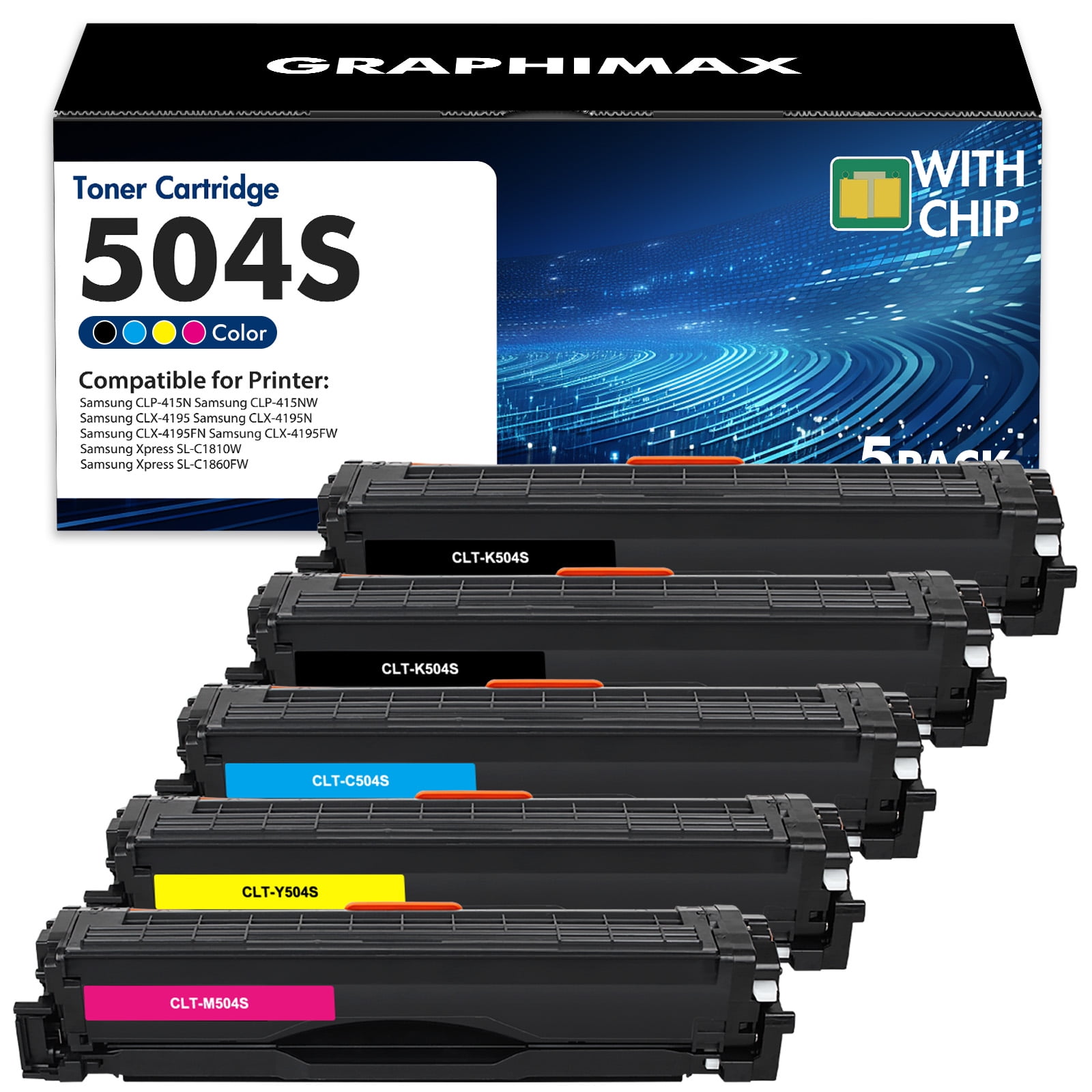 GraphiMax CLT-504S Toner Cartridge Compatible for Samsung CLT-504S CLT504S CLT-K504S Xpress C1860FW C1810W SL-C1860FW SL-C1810FW CLX-4195FW CLP-415NW Printer Ink (Black Cyan Yellow Magenta 5-Pack)