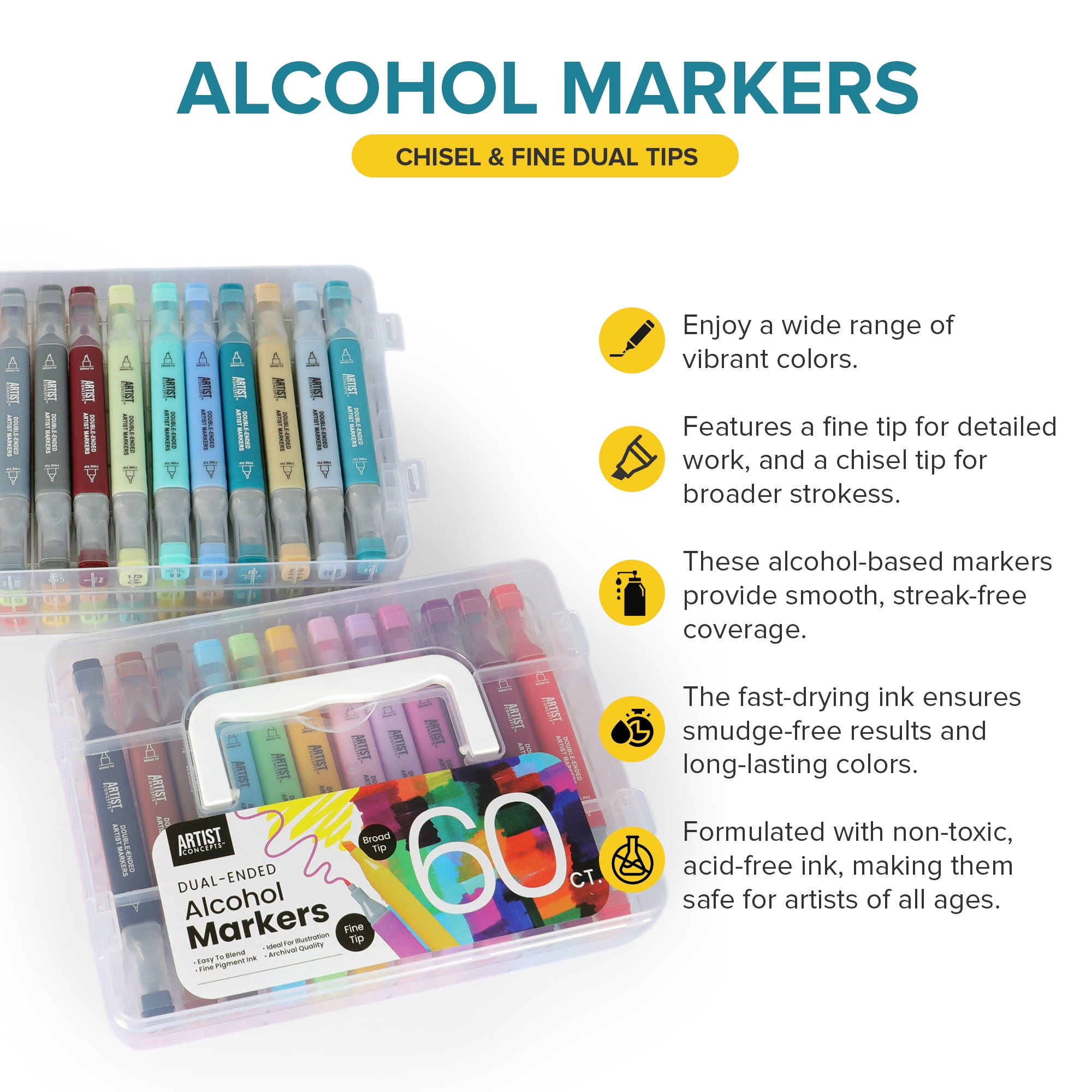 Artist Concepts Dual-Ended Alcohol Markers Set with Plastic Case, Fine & Chisel Tips, Multicolor, 60 Count