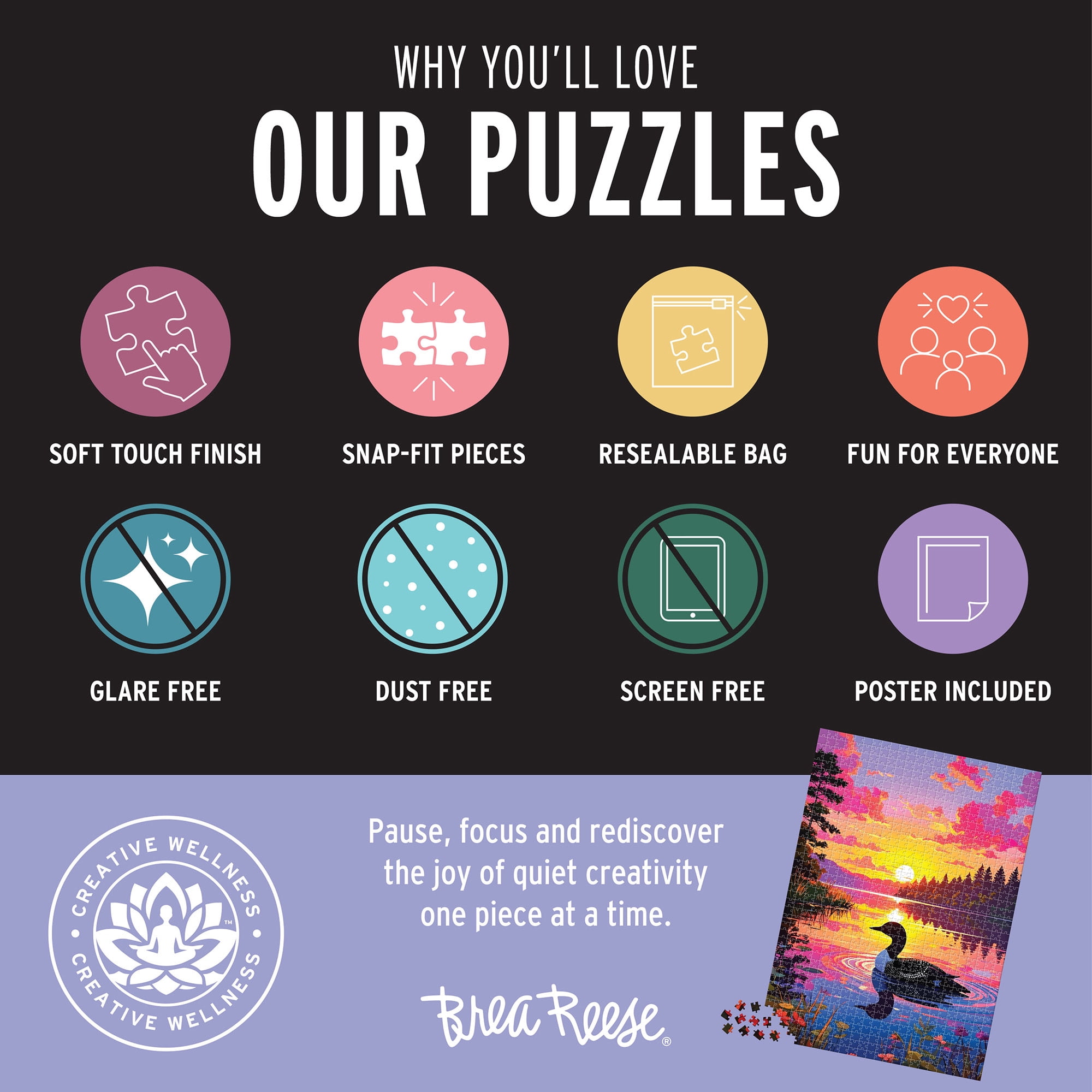 Brea Reese: 1000 Piece Puzzle - Loon - Bird & Lake Sunset Landscape Scene, Adult Jigsaw, Soft-Touch, Snap-Fit, Image Reference Poster, 19.25 x 26.75"