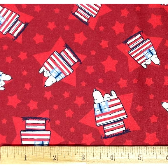 1 Fat Quarter - Peanuts Snoopy Patriotic USA Flag House on Red Stars Cotton Fabric - 21" X 18"