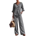 thumbnail image 2 of Women's 2 Piece Linen Matching Set V Neck Ruffle 3/4 Sleeve Button Down Gingham Plaid Top Wide Leg Pants Casual Outfit, L, 2 of 7