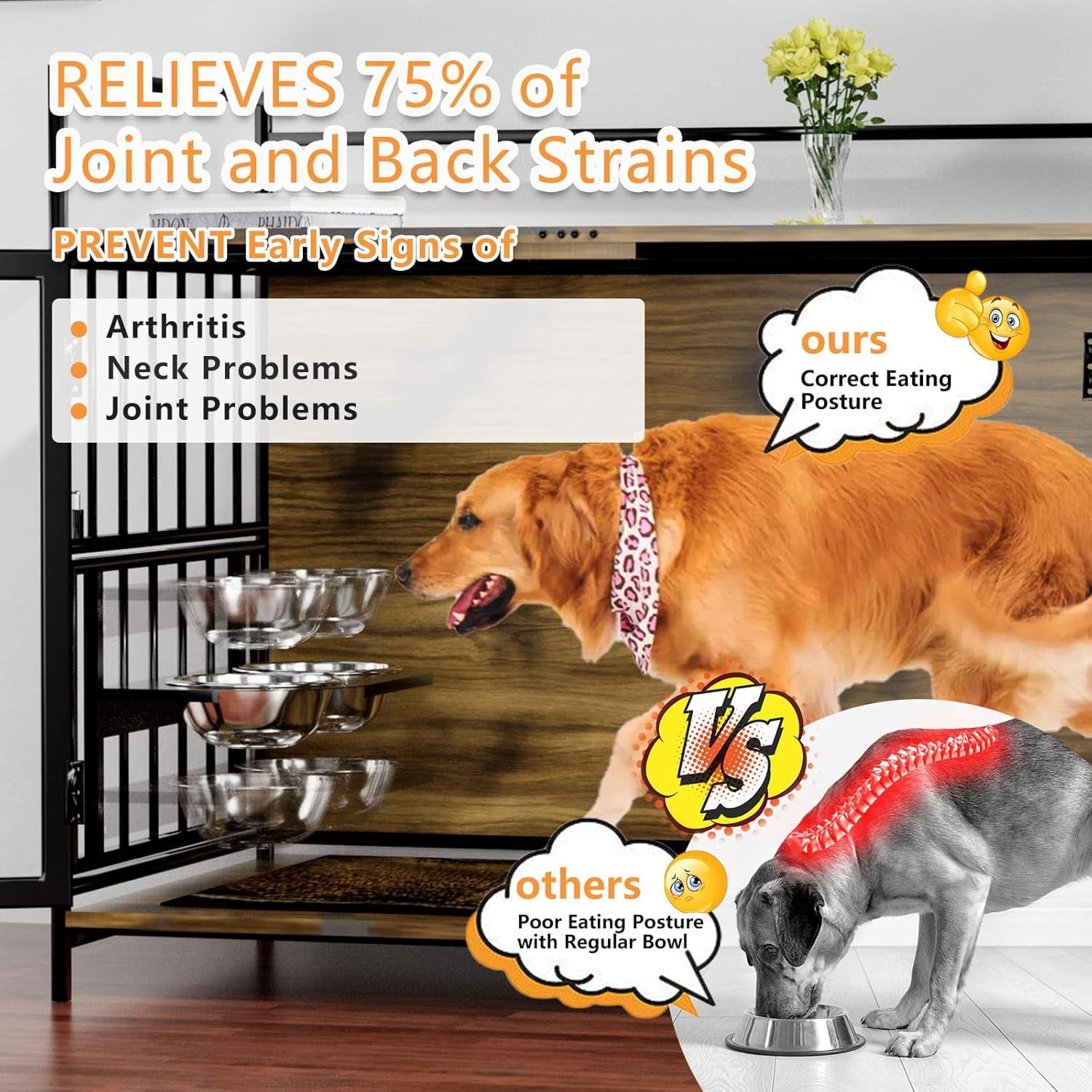 Wooden Dog Crate Furniture for Large Dogs, 41" Super Sturdy Indoor Dog Kennel with Adjustable Feeder & Extra Storage, Heavy Steel Tube Structure for Large Dogs