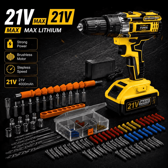 21V Cordless Lithium-Ion Drill Driver Kit, Supplied with Batteries and Charger, Built-in LED Work Light, Complete Drill