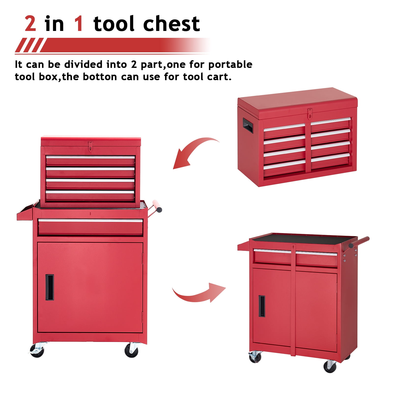 NETAJE Metal Tool Chest,2 in 1 Steel Rolling Tool Box & Cabinet On Wheels for Garage,Detachable Top Tool Box and Lockable Wheels Metal Tool Cart for Garage,5-Drawer