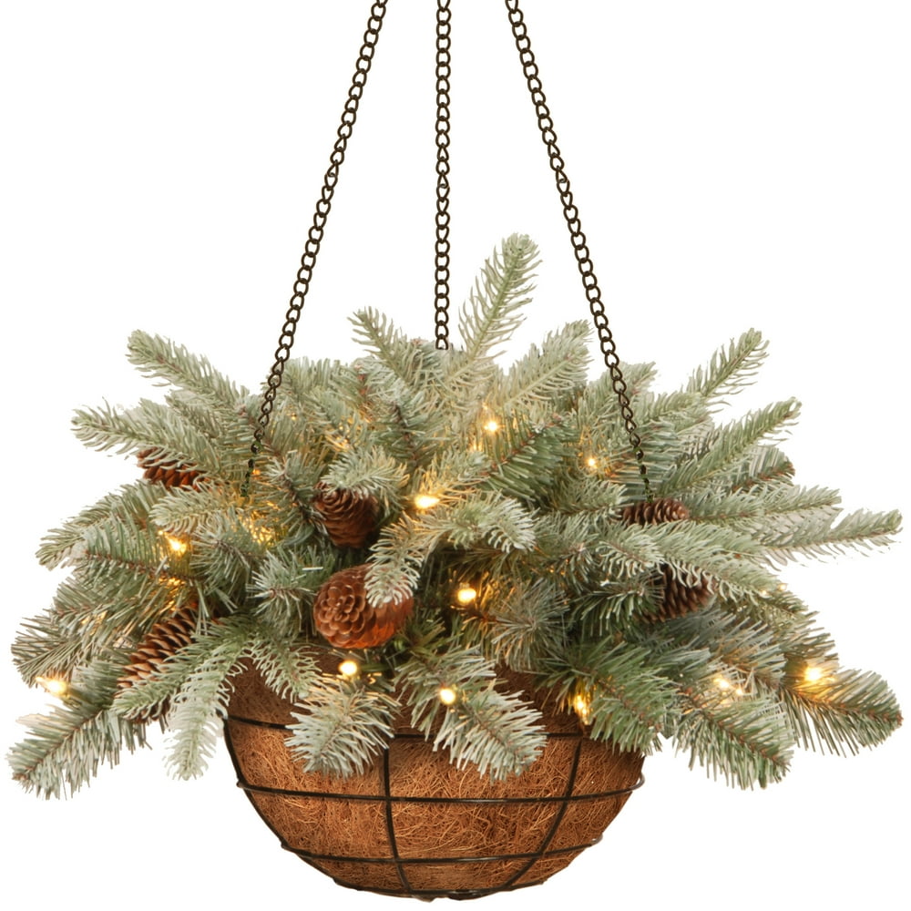 National Tree 20 inch Frosted Arctic Spruce Hanging Basket with Battery