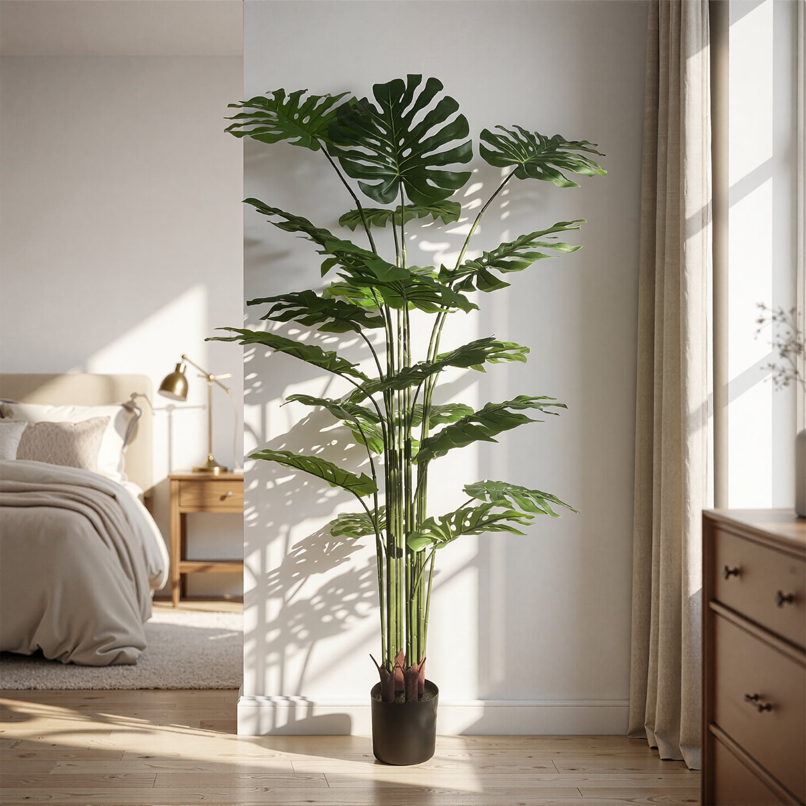 BEAUTYPEAK 6FT Artificial Plant Fake Indoor Monstera Plant Decorative Outdoor Greenery in Black Pot