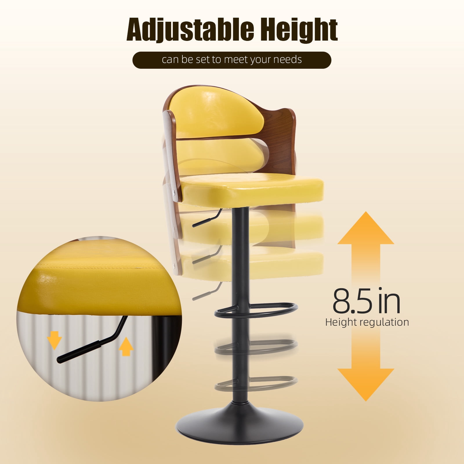 MOONMISS Swivel Bar Stools Set of 2, Wooden Kitchen Bar Chairs with Back, PU Leather Counter Height Barstools for Kitchen Island,Yellow