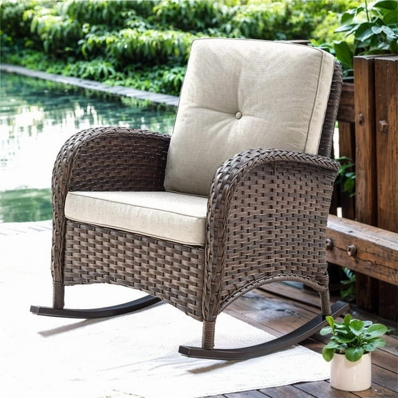 Gymojoy Outdoor Brown Wicker Rocking Chair, All Weather Resin Rattan Wicker Rocking Chairs, for Garden Backyard Lown Porch,1pc,Beige