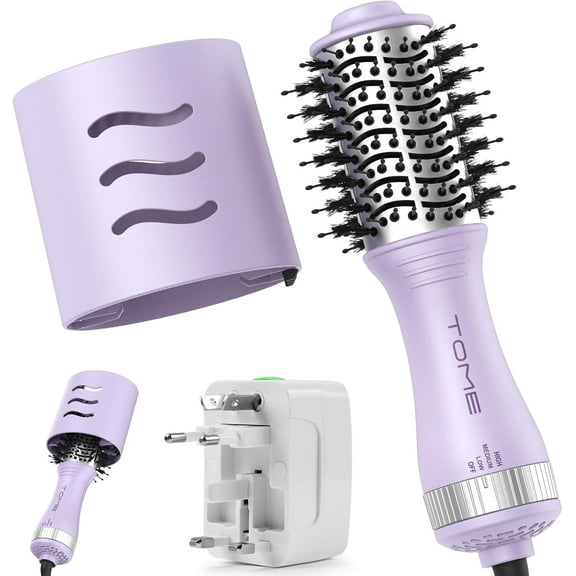 Tome 4-in-1 One-Step Dual Voltage 2 inch Hair Dryer Brush,Travel Volumizer Hot Air Brush with Protective Cover Purple