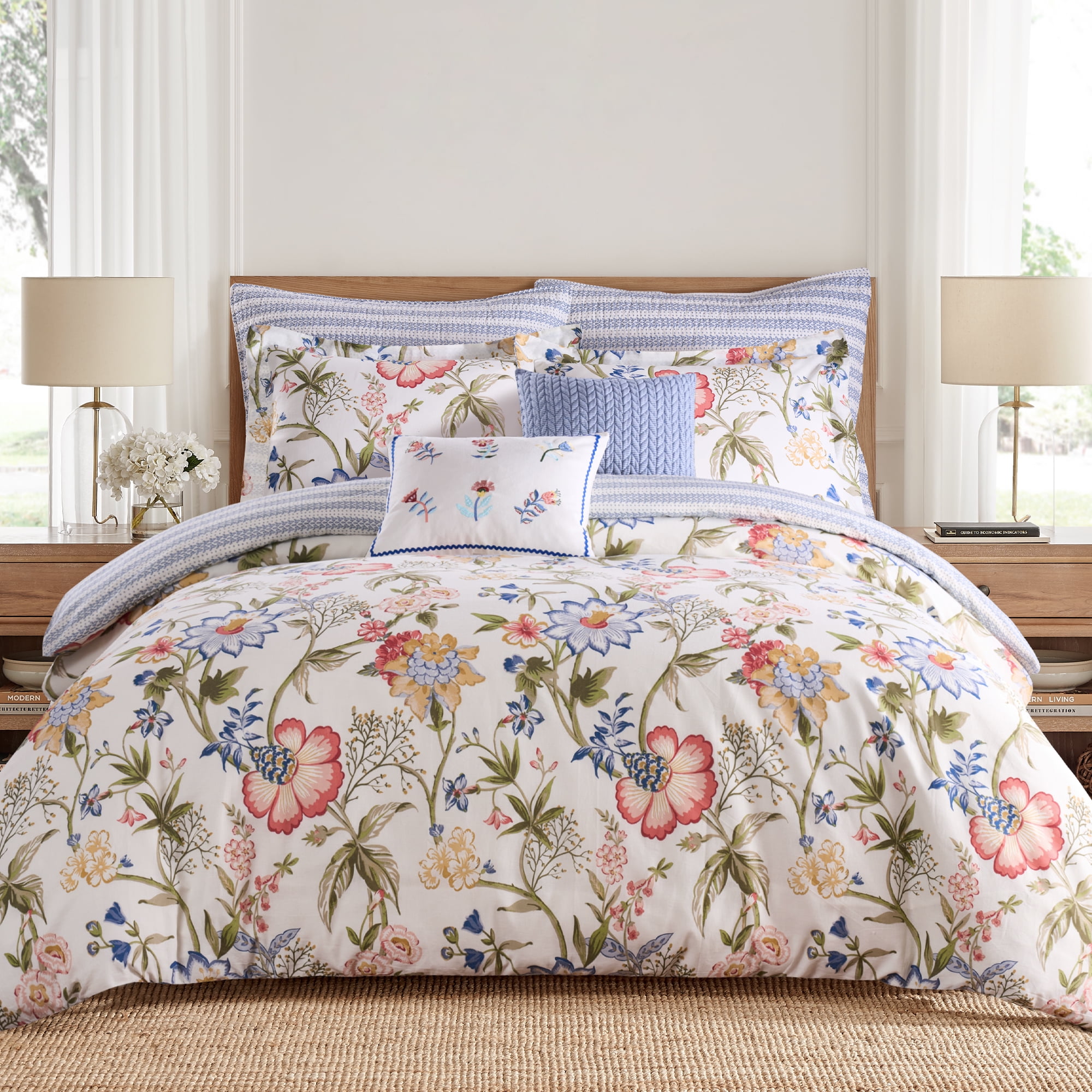 Levtex Home - Maileen Duvet Set - Full/Queen Duvet Cover (90x94in.) and 2 Standard Shams (20x26in.) - Floral - Blue Coral Green White - Reversible - Cotton