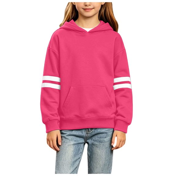 OYXSER Kids Girls Pullover Hoodie with Striped Long Sleeves Drop Shoulder Design and Front Pocket, Hot Pink 2-3Y