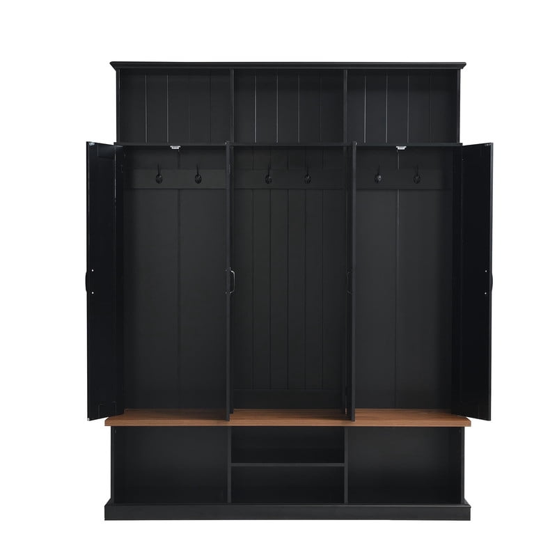 Farmhouse Hall Tree with Top Cubbies, Entryway Bench with Open Compartments, 62.2'' W Coat Rack with Hooks and Cabinets for Hallway Mudroom