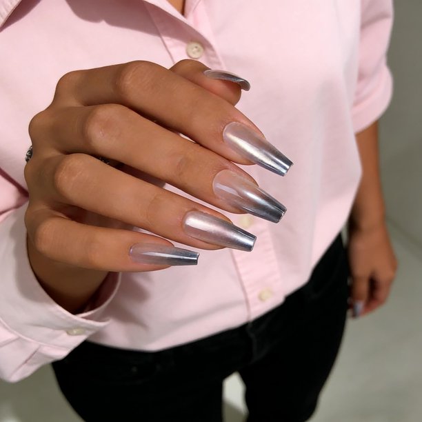 Uñas postizas adhesivas JOYVVEW cromo ombré azul, largas cuadradas, 30 piezas