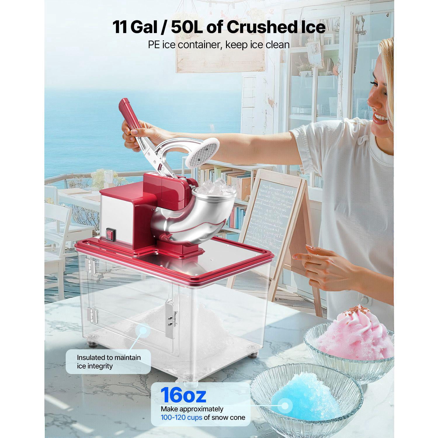 Commercial Ice Crusher 661 lbs per Hour 350W Electric Snow Cone Machine 4 Blades 2000 RPM Stainless Steel Ice Shaver with 11 Gallon Crushing Refrigerator for Home Restaurant Bar Red