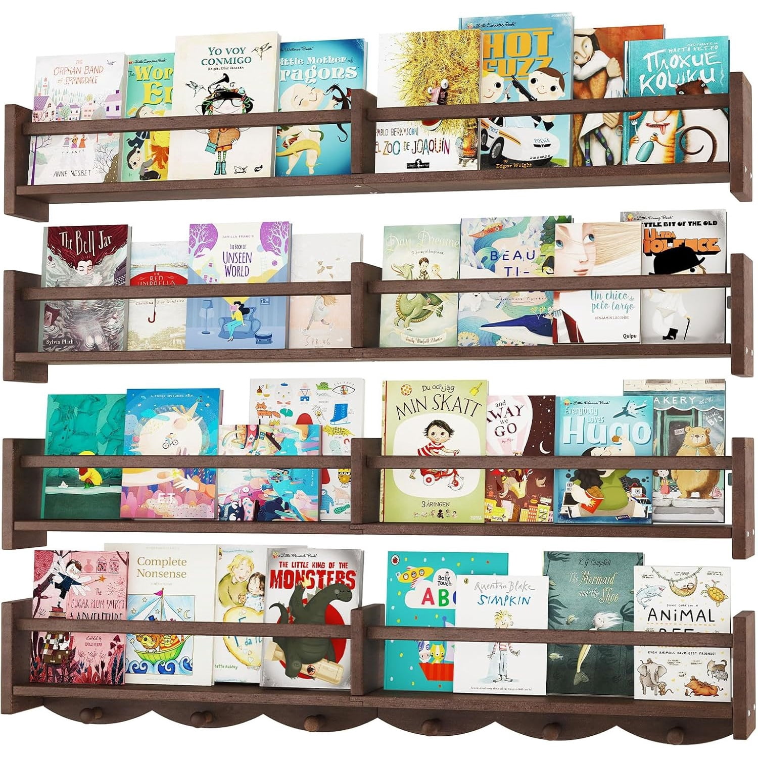 34Inch   Bookshelves,Set of 4,Wall Floating Shelf Kids Coat Rack with 6Hooks,Hanging Book Shelf for  Room Décor (Dark Brown, 34)