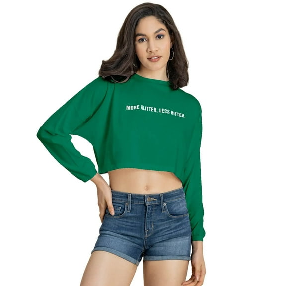 Moomaya Full Sleeves Boxy Crop Top , Round Neck Cotton T-Shirt Top For Women
