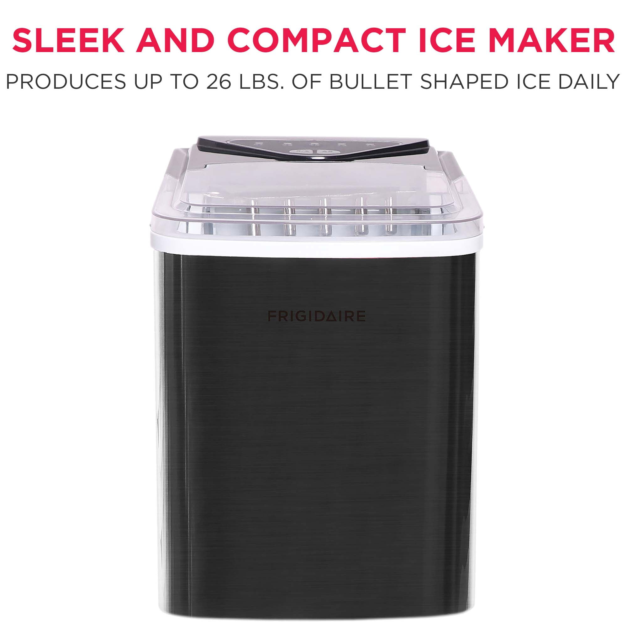 Frigidaire 26 Lbs. Countertop Ice Maker, Bullet Shaped Ice, Black Stainless Steel