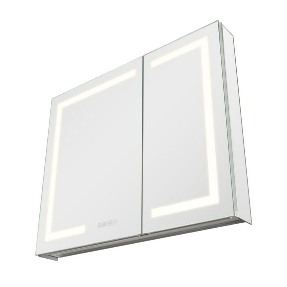 KFFKFF Lighted Medicine Cabinet with Mirror, 36 x 30 in, Recessed or Wall Mount, Dimmable LED Bathroom Cabinet with HD Mirror, Clock, Adjustable Shelves, and Defogging Memory Function