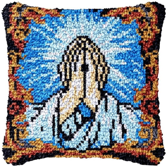 Praying Hands Latch Hook Pillow Cover Kits for DIY Needlework Cushion Handmade Throw Pillow Cross Stitch Latch Hook Pillowcase Rug Cushion Kits Crochet Yarn Kits Needlework 17'' X 17''