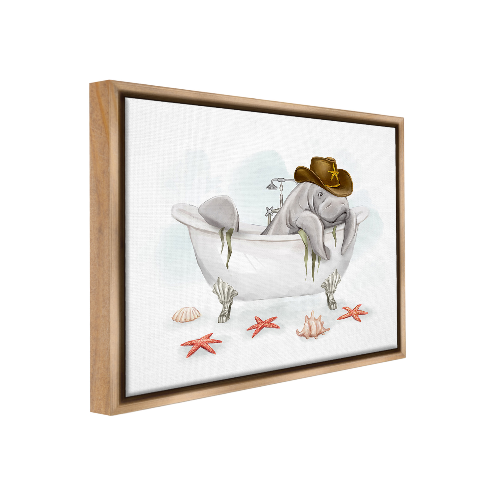Stupell Industries Cowboy Manatee in Tub Animals & Insects Painting Brown Floater Framed Canvas Art Print Wall Art, 31 x 25
