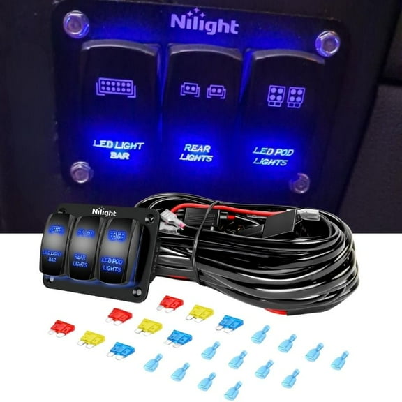 Nilight 16AWG Led Light Bar Wiring Harness Kit 12V onoff 3 Gang Laser Etched Led Pod Lights Rocker Switch Panel Power Relay Fuse 5Pin Toggle Switch for Cars Boat ATV Trucks-4 Leads